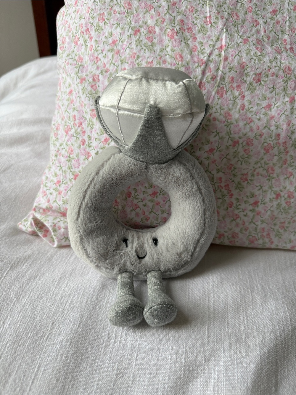 Jellycat Silver Grey Plush Ring Rattle with Smiling Face